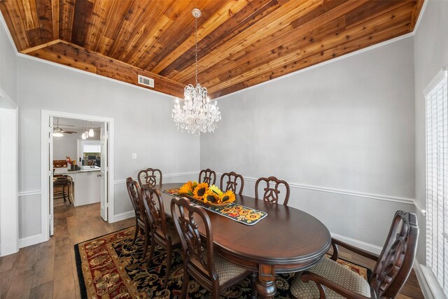 1523 Lofty Maple Trl, Kingwood, TX 77345 - dining area featuring wood ceiling, hardwood / wood-style flooring, a chandelier, and baseboards