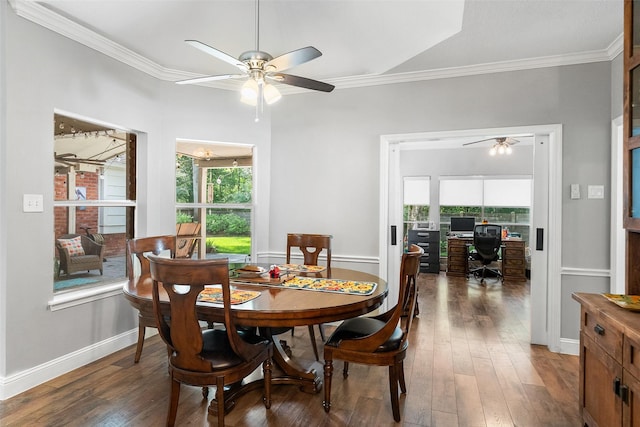 1523 Lofty Maple Trl, Kingwood, TX 77345 - dining space featuring a ceiling fan, a desk, crown molding, hardwood / wood-style flooring, and baseboards