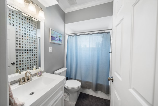 1523 Lofty Maple Trl, Kingwood, TX 77345 - full bath featuring crown molding, vanity, toilet, and tile patterned floors