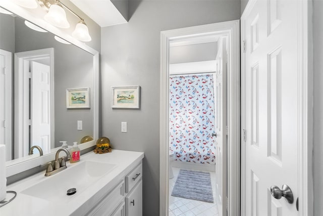 1523 Lofty Maple Trl, Kingwood, TX 77345 - full bathroom with vanity, a shower with shower curtain, and tile patterned floors