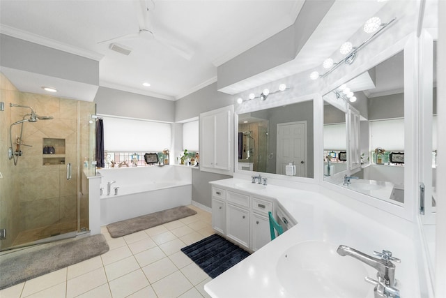 1523 Lofty Maple Trl, Kingwood, TX 77345 - full bathroom with crown molding, a garden tub, vanity, a stall shower, and tile patterned floors