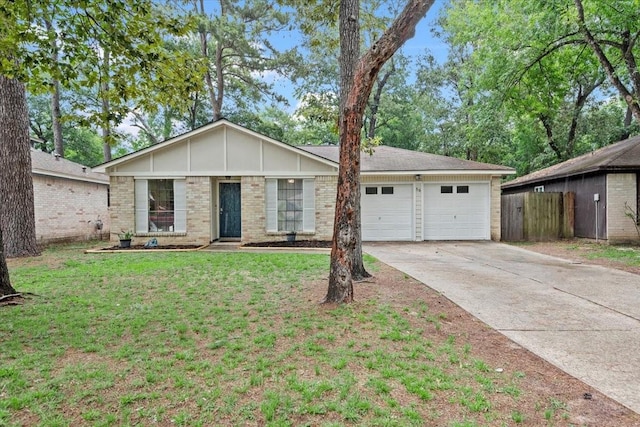 56 Oldstream Ct, The Woodlands, TX 77381 - ranch-style home with brick siding, driveway, an attached garage, and board and batten siding