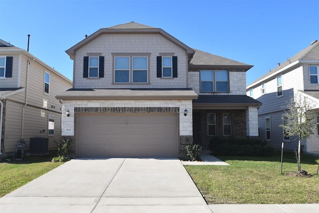 14623 Monterey Cypress Dr, Houston, TX 77068 - view of front of home with a garage, a front lawn, concrete driveway, cooling unit, and roof with shingles