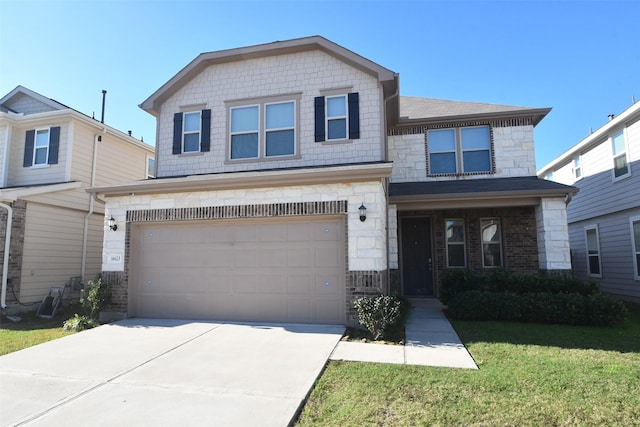 14623 Monterey Cypress Dr, Houston, TX 77068 - view of front of property featuring a garage, stone siding, a front lawn, driveway, and a shingled roof