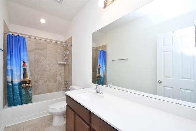 14623 Monterey Cypress Dr, Houston, TX 77068 - full bathroom with shower / bath combo with shower curtain, toilet, vanity, tile patterned floors, and recessed lighting