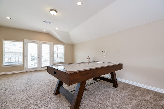 26706 Grey Swan Dr, Katy, TX 77494 - playroom featuring light carpet, plenty of natural light, baseboards, recessed lighting, and vaulted ceiling