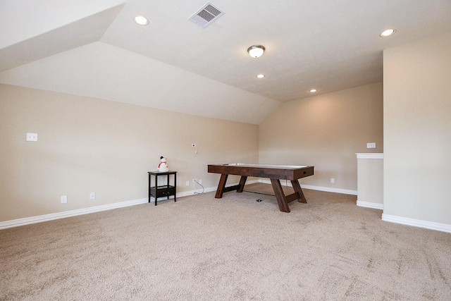 26706 Grey Swan Dr, Katy, TX 77494 - rec room with light colored carpet, vaulted ceiling, recessed lighting, and baseboards