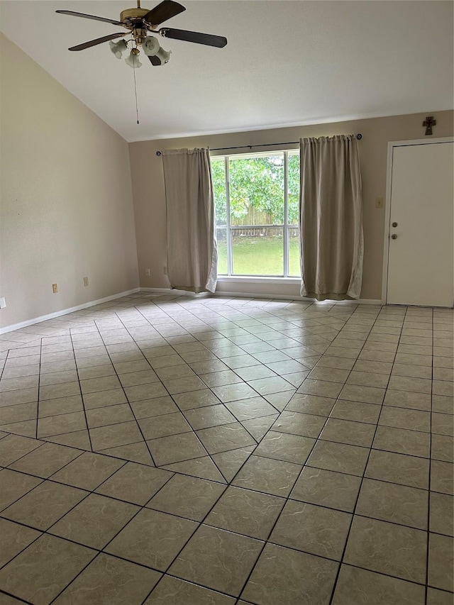18727 Parfield Ln, Houston, TX 77084 - unfurnished room featuring baseboards, ceiling fan, tile patterned floors, and lofted ceiling