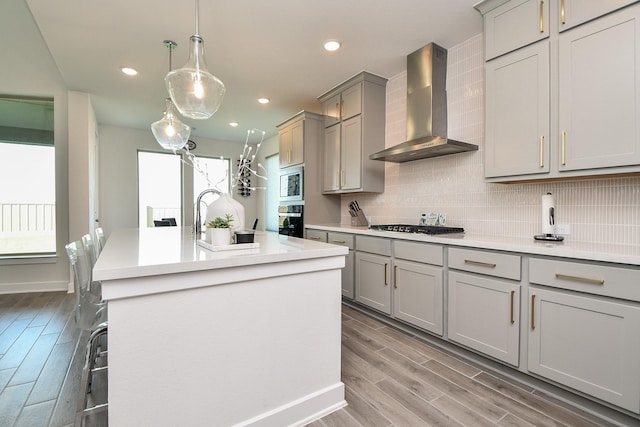 31142 Crescent Hill Dr, Fulshear, TX 77441 - kitchen featuring wall chimney exhaust hood, gray cabinets, appliances with stainless steel finishes, light wood-type flooring, and decorative backsplash