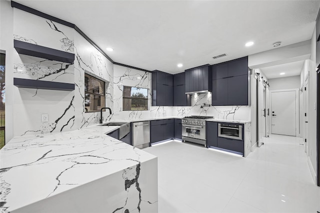 7827 Alamar Dr, Houston, TX 77095 - kitchen featuring stainless steel appliances, modern cabinets, decorative backsplash, open shelves, and a sink