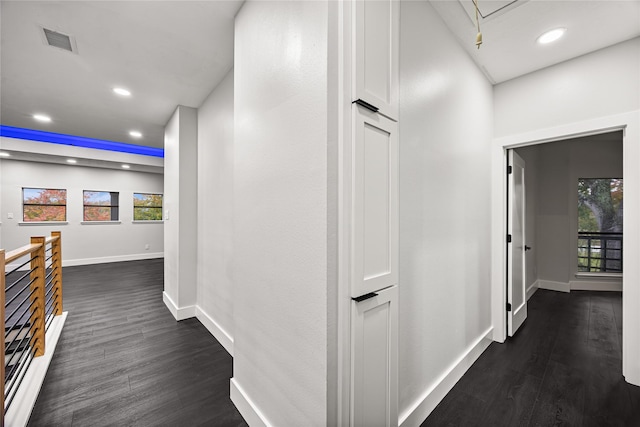 7827 Alamar Dr, Houston, TX 77095 - corridor featuring dark wood-type flooring, baseboards, recessed lighting, attic access, and an upstairs landing