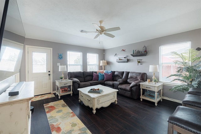 2238 Sterling Oaks Dr, Rosharon, TX 77583 - living room featuring dark wood finished floors, a ceiling fan, and baseboards