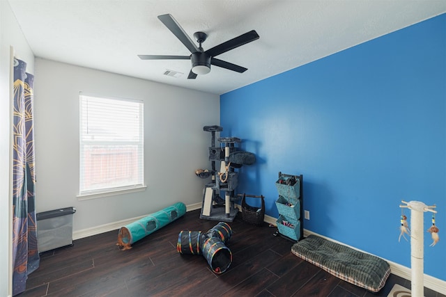 2238 Sterling Oaks Dr, Rosharon, TX 77583 - workout room featuring a ceiling fan, baseboards, and wood finished floors