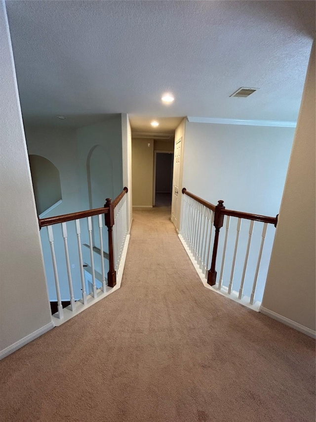 6015 Biltmore Ct, Rosenberg, TX 77471 - hall featuring an upstairs landing, carpet flooring, a textured ceiling, baseboards, and recessed lighting