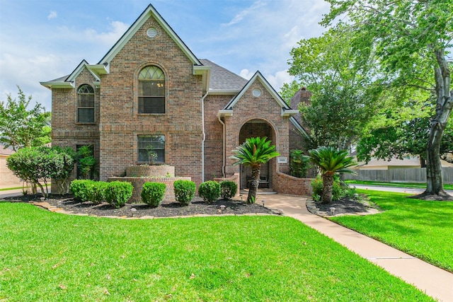 10402 Hondo Hill Rd, Houston, TX 77064 - traditional home with brick siding, a front lawn, and a chimney