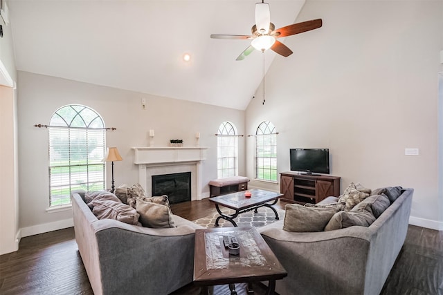 10402 Hondo Hill Rd, Houston, TX 77064 - living area with high vaulted ceiling, baseboards, a glass covered fireplace, a ceiling fan, and dark wood-type flooring