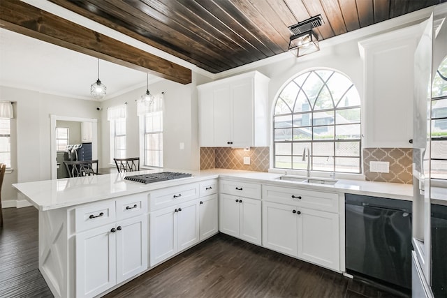 10402 Hondo Hill Rd, Houston, TX 77064 - kitchen with dishwasher, stainless steel gas stovetop, a peninsula, plenty of natural light, and ornamental molding