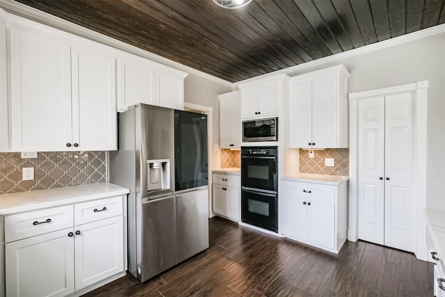 10402 Hondo Hill Rd, Houston, TX 77064 - kitchen with stainless steel appliances, light countertops, backsplash, white cabinets, and crown molding