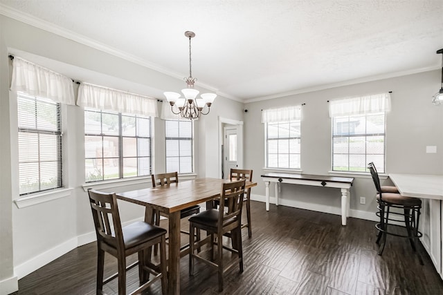 10402 Hondo Hill Rd, Houston, TX 77064 - dining space with crown molding, baseboards, a chandelier, and dark wood-type flooring