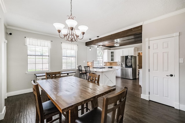 10402 Hondo Hill Rd, Houston, TX 77064 - dining area featuring a chandelier, dark wood finished floors, baseboards, crown molding, and beam ceiling