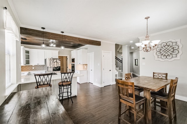 10402 Hondo Hill Rd, Houston, TX 77064 - dining space with dark wood finished floors, stairway, a chandelier, baseboards, and crown molding