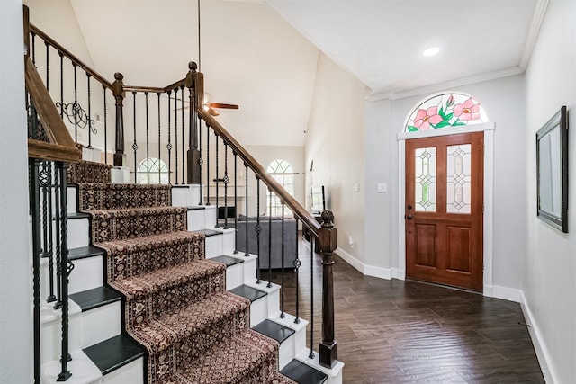 10402 Hondo Hill Rd, Houston, TX 77064 - entryway featuring stairway, baseboards, dark wood finished floors, ceiling fan, and crown molding