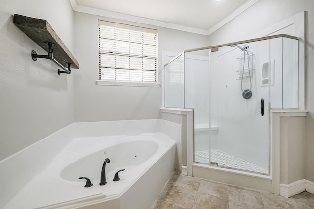 10402 Hondo Hill Rd, Houston, TX 77064 - full bath featuring a tub with jets, a stall shower, and ornamental molding