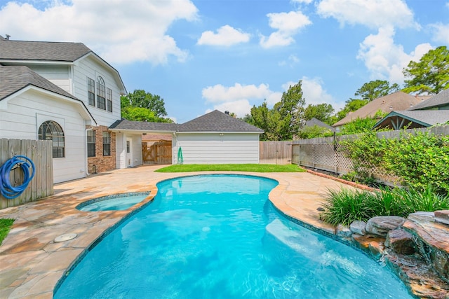 10402 Hondo Hill Rd, Houston, TX 77064 - view of swimming pool featuring a fenced backyard, a patio, and a pool with connected hot tub