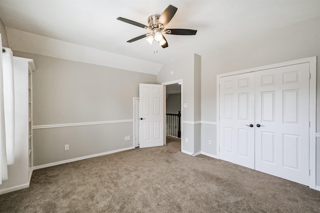 10402 Hondo Hill Rd, Houston, TX 77064 - unfurnished bedroom with carpet floors, baseboards, vaulted ceiling, a closet, and ceiling fan