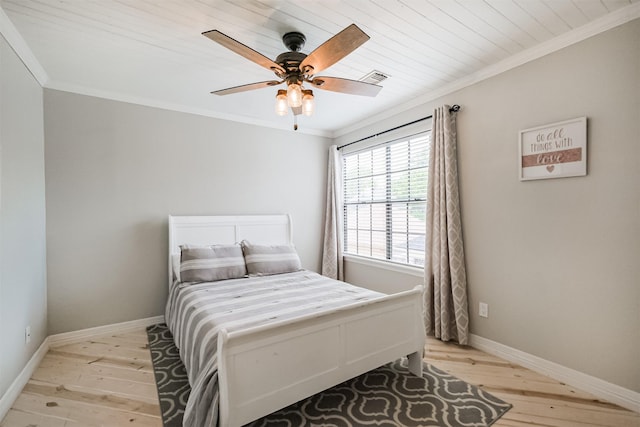 10402 Hondo Hill Rd, Houston, TX 77064 - bedroom featuring ornamental molding, light wood-type flooring, a ceiling fan, baseboards, and wooden ceiling