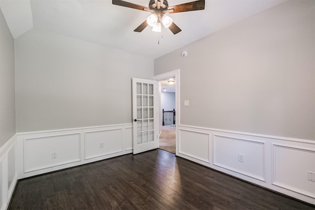 10402 Hondo Hill Rd, Houston, TX 77064 - empty room featuring french doors, ceiling fan, dark wood-style flooring, wainscoting, and a decorative wall