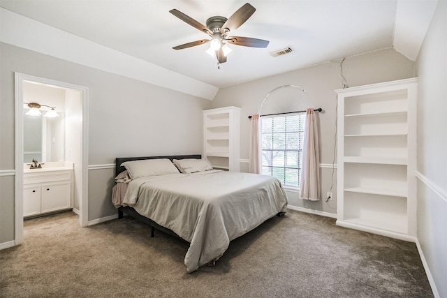 10402 Hondo Hill Rd, Houston, TX 77064 - carpeted bedroom with lofted ceiling, baseboards, ensuite bathroom, and a ceiling fan