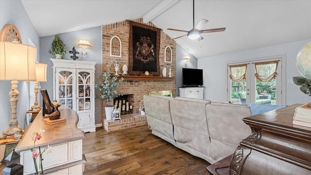 1925 Foxbriar Dr, Huntsville, TX 77340 - living area with a ceiling fan, french doors, wood finished floors, and a brick fireplace