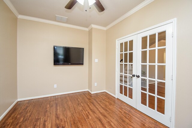 1638 Brookstone Ln, Sugar Land, TX 77479 - spare room featuring french doors, wood finished floors, ornamental molding, baseboards, and ceiling fan