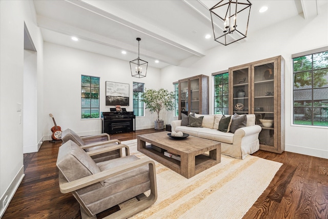 523 E 23rd St, Houston, TX 77008 - living area with a chandelier, beam ceiling, dark wood-style floors, recessed lighting, and baseboards