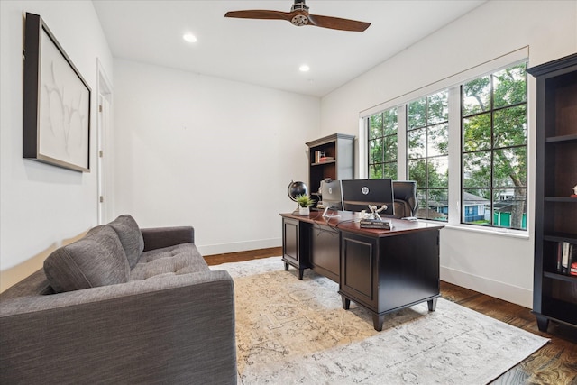 523 E 23rd St, Houston, TX 77008 - office space featuring ceiling fan, baseboards, wood finished floors, and recessed lighting