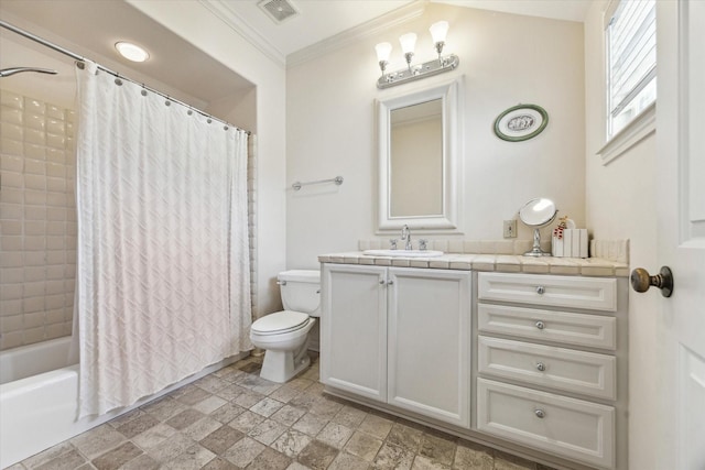 2207 Dunraven Ln, Houston, TX 77019 - bathroom with stone finish floors, vanity, toilet, ornamental molding, and shower / tub combo