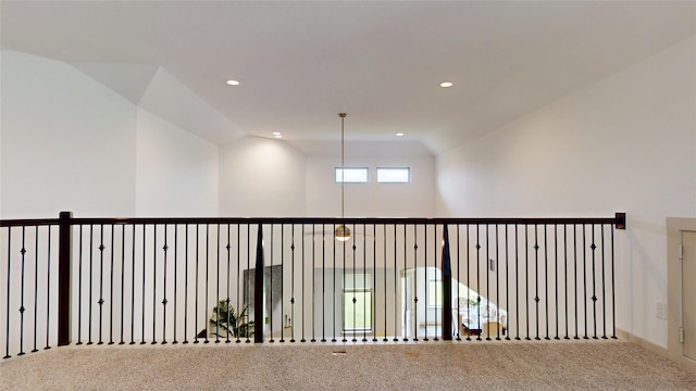 3539 Gore Creek Dr, Katy, TX 77494 - hallway featuring carpet floors, recessed lighting, vaulted ceiling, and baseboards