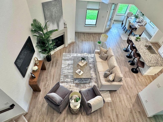 3539 Gore Creek Dr, Katy, TX 77494 - living room featuring a fireplace, wood finished floors, and baseboards