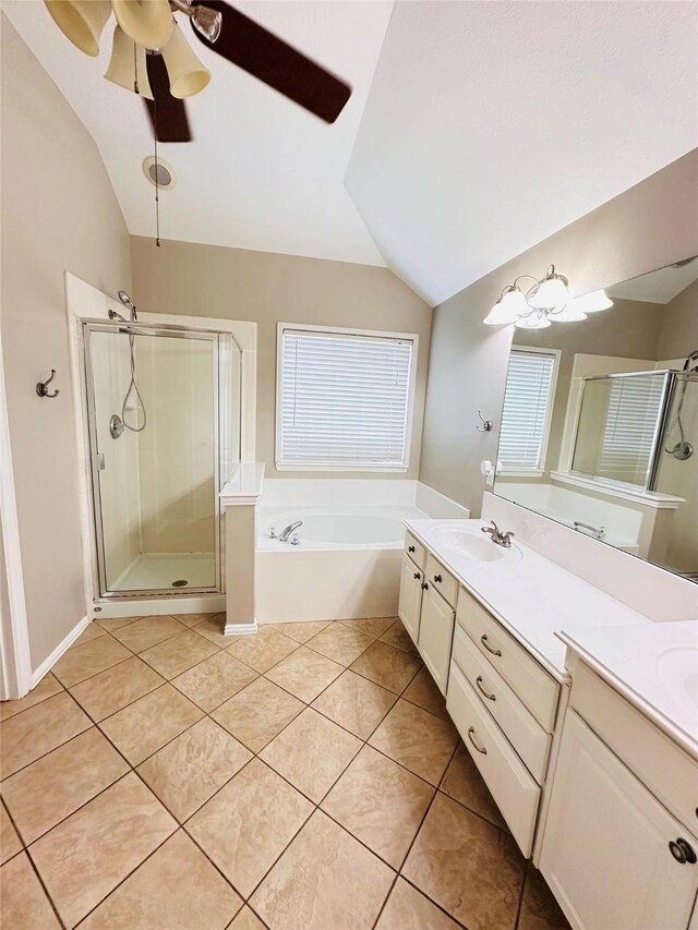 4306 Dow Way, Pasadena, TX 77505 - full bath with vaulted ceiling, a shower stall, a bath, double vanity, and ceiling fan