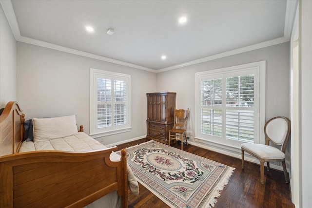 4006 University Blvd, West University Place, TX 77005 - bedroom with multiple windows, ornamental molding, dark wood finished floors, recessed lighting, and baseboards