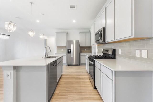 3434 Harper Meadow Ln, Missouri City, TX 77459 - kitchen with stainless steel appliances, a sink, light wood-style flooring, decorative backsplash, and a center island with sink