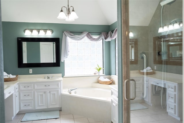 1818 Janell Rene Cir, Deer Park, TX 77536 - full bath with vanity, a garden tub, lofted ceiling, a shower stall, and tile patterned flooring