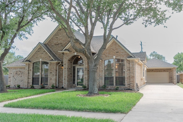 1818 Janell Rene Cir, Deer Park, TX 77536 - view of front facade with a garage, brick siding, driveway, a front lawn, and a shingled roof