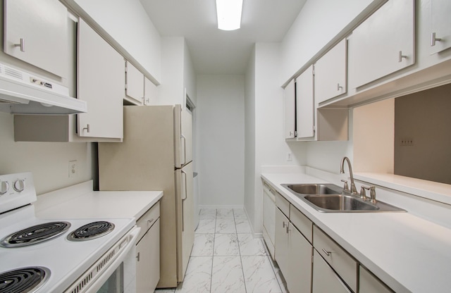 1818 Augusta Dr Unit 3, Houston, TX 77057 - kitchen featuring white appliances, light marble finish floors, a sink, light countertops, and white cabinetry