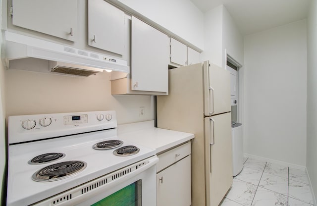 1818 Augusta Dr Unit 3, Houston, TX 77057 - kitchen with white appliances, light marble finish floors, under cabinet range hood, white cabinetry, and light countertops