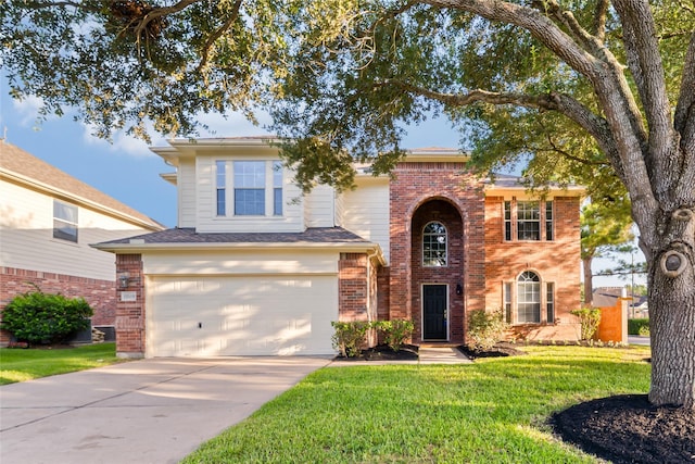22519 Diamond Shore Ct, Katy, TX 77450 - traditional home featuring brick siding, an attached garage, a front lawn, and concrete driveway