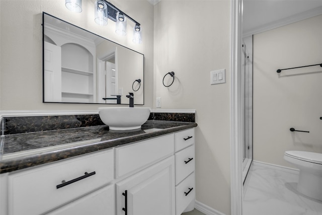 15905 Lakeview Dr, Jersey Village, TX 77040 - bathroom featuring marble look tiles, vanity, and a shower stall