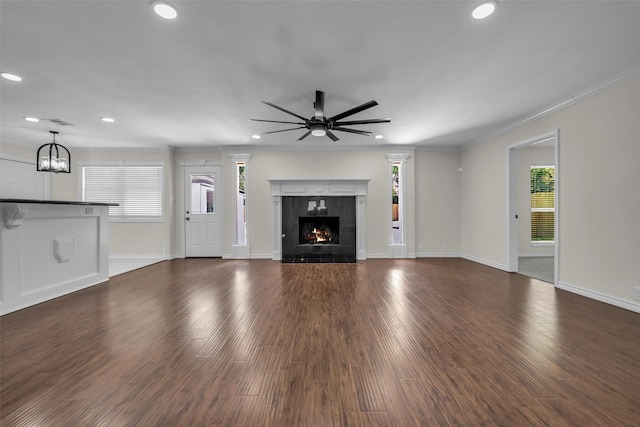 15905 Lakeview Dr, Jersey Village, TX 77040 - unfurnished living room with a high end fireplace, recessed lighting, ornamental molding, plenty of natural light, and ceiling fan