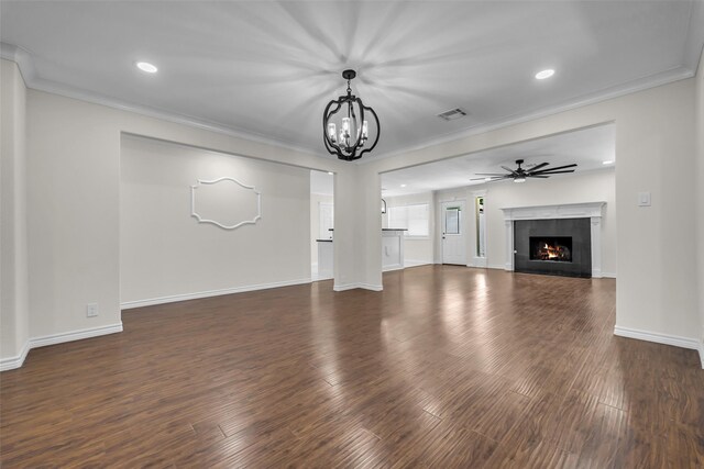 15905 Lakeview Dr, Jersey Village, TX 77040 - unfurnished living room with a fireplace, a chandelier, dark wood-type flooring, crown molding, and ceiling fan
